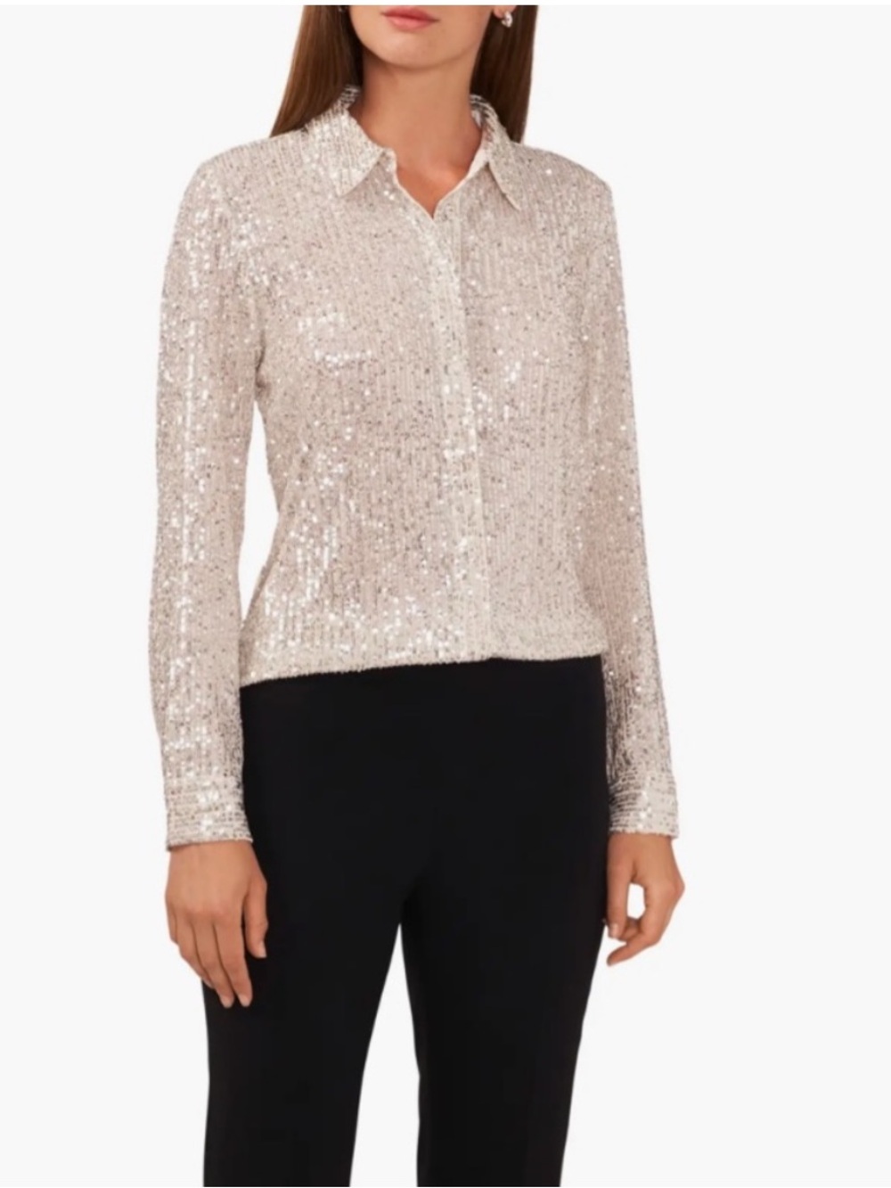 CeCe Champagne Silver Sequin Top Button Down Shirt Long Sleeve Sparkly Party L - Picture 5 of 15